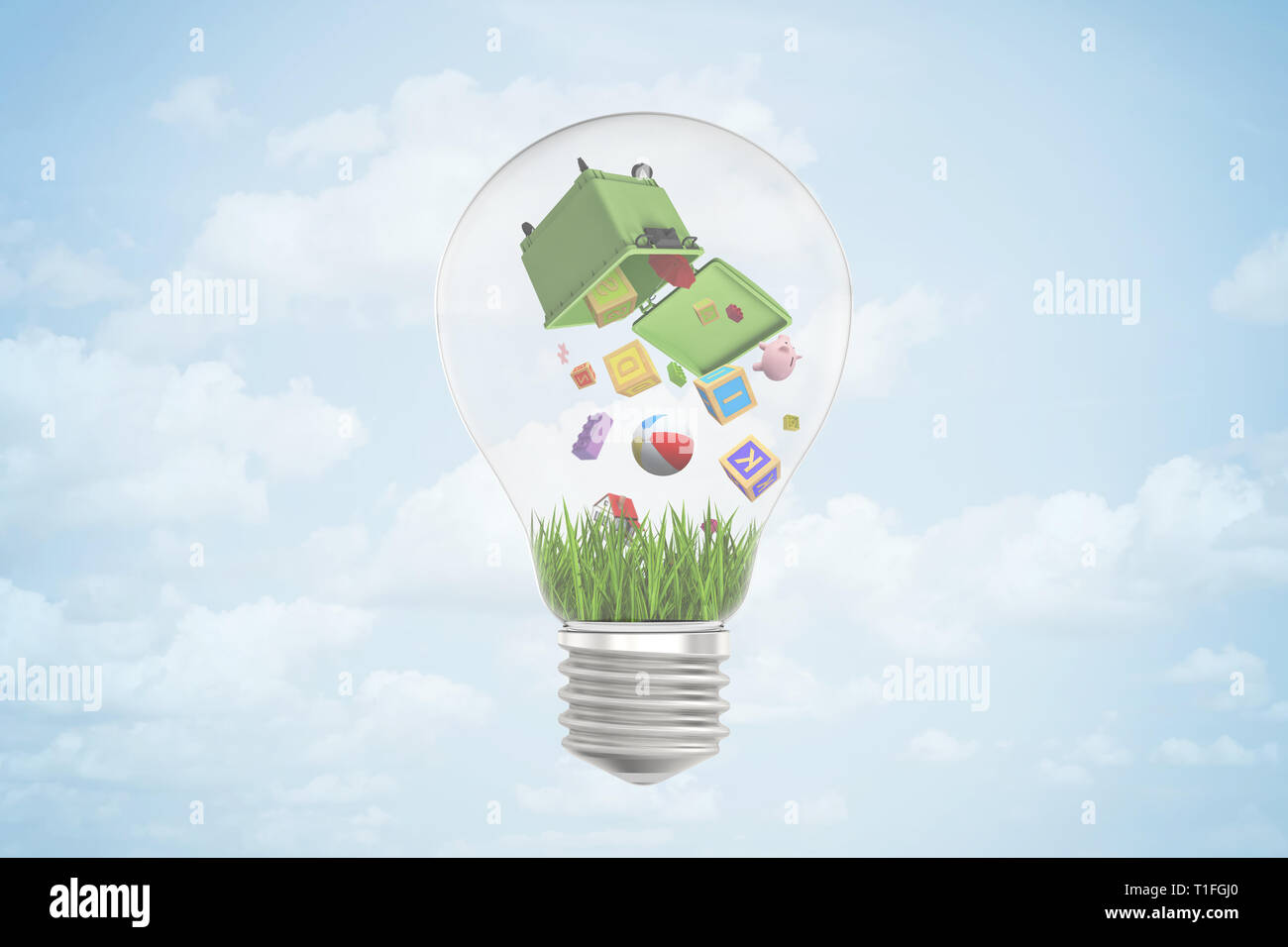 3D rendering della lampadina con cestino può essere capovolto all'interno, da cui i giocattoli e gli altri oggetti sono caduta su erba all'interno della lampadina. Foto Stock