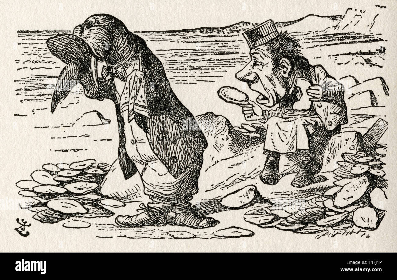 Il Tricheco e il Legnaiuolo,. Illustrazione di Sir John Tenniel, (1820 - 1914). Dal libro Attraverso lo specchio e quello che Alice vi hanno trovato, da Lewis Carroll, pubblicata a Londra, 1912. Foto Stock