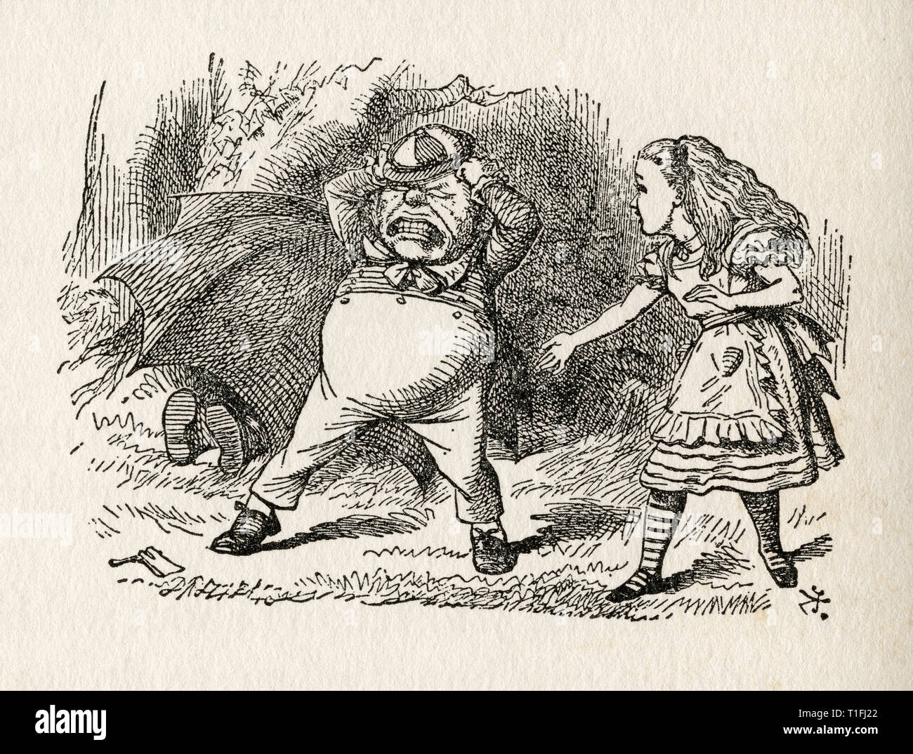 Alice e Tweedledum. Illustrazione di Sir John Tenniel, (1820 - 1914). Dal libro Attraverso lo specchio e quello che Alice vi hanno trovato, da Lewis Carroll, pubblicata a Londra, 1912. Foto Stock