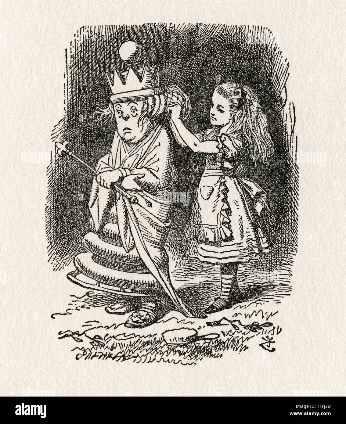 Alice e la Regina Bianca. Illustrazione di Sir John Tenniel, (1820 - 1914). Dal libro Attraverso lo specchio e quello che Alice vi hanno trovato, da Lewis Carroll, pubblicata a Londra, 1912. Foto Stock