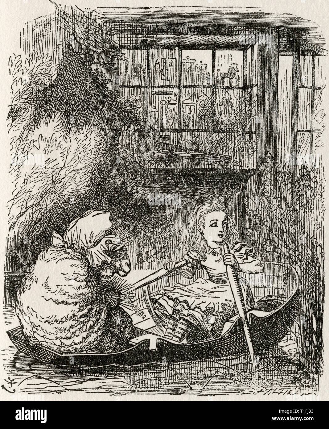 Alice e le pecore. Illustrazione di Sir John Tenniel, (1820 - 1914). Dal libro Attraverso lo specchio e quello che Alice vi hanno trovato, da Lewis Carroll, pubblicata a Londra, 1912. Foto Stock