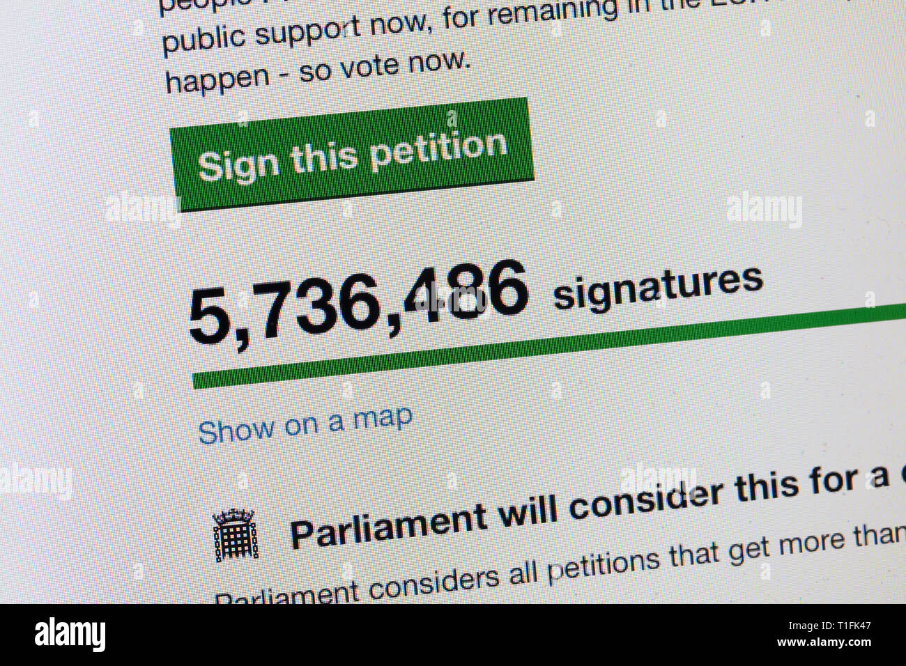 LONDON, Regno Unito - 26 Marzo 2019: petizione online per revocare l'articolo 50 e riconsiderare brexit ha oltre 5 milioni di firme Foto Stock