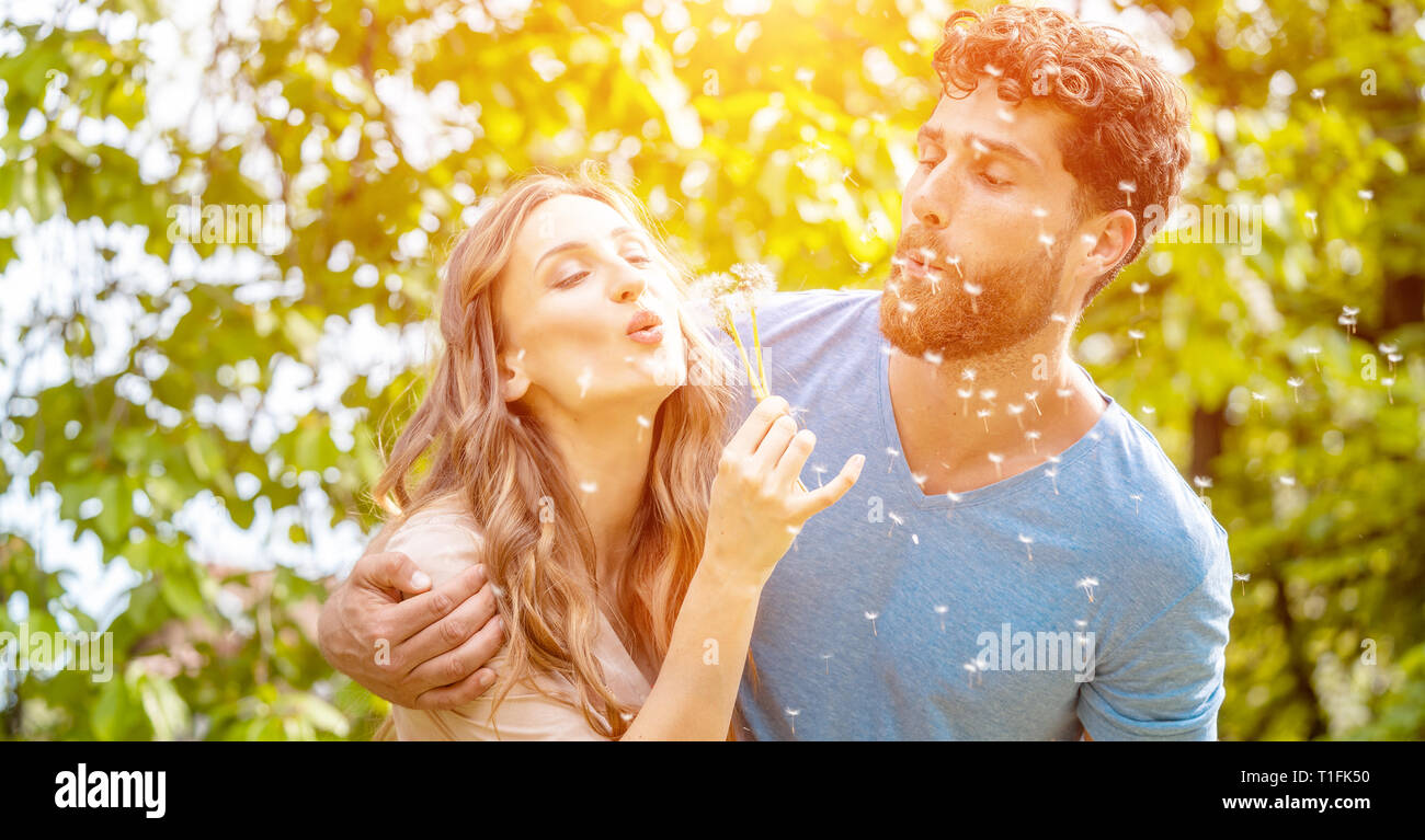 Coppia giovane fantasticando circa il loro futuro di soffiaggio semi di dente di leone Foto Stock