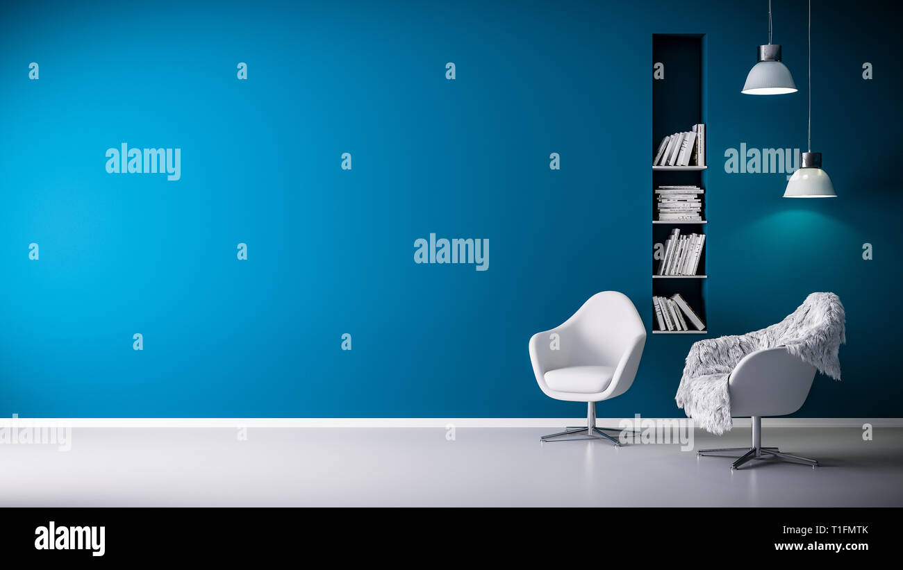3D rendering della poltrona e sedile in soggiorno nella parte anteriore della parete blu con copia spazio e moderno o interni minimalisti e pavimento bianco Foto Stock