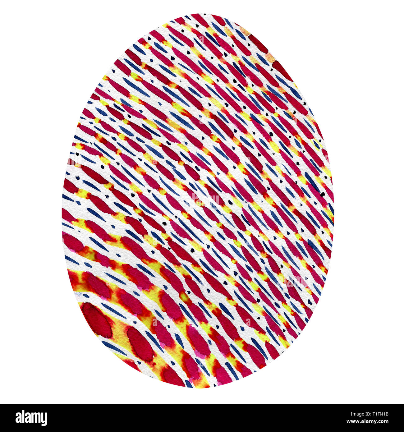 Uovo di Pasqua in una striscia di rosso, rosa, in colori blu e gialli. Acquerelli astratti sfondo con linee morbide limitata dalla forma di uovo su uno sfondo bianco. Foto Stock