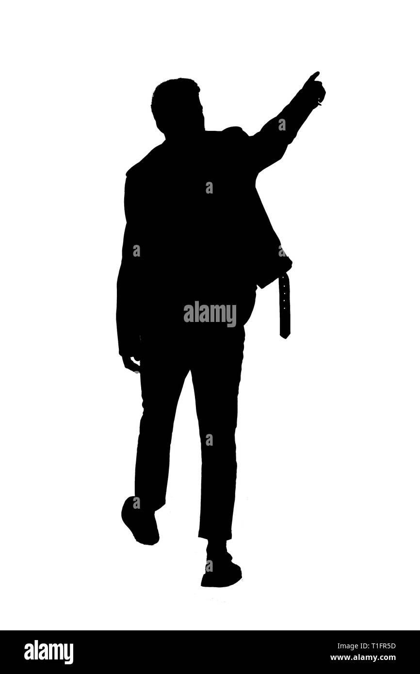 Vista posteriore silhouette nera di un uomo a piedi con una mano di puntamento. andando guy mostra. vista posteriore di persona. Vista posteriore di raccolta di persone. Isolato Foto Stock