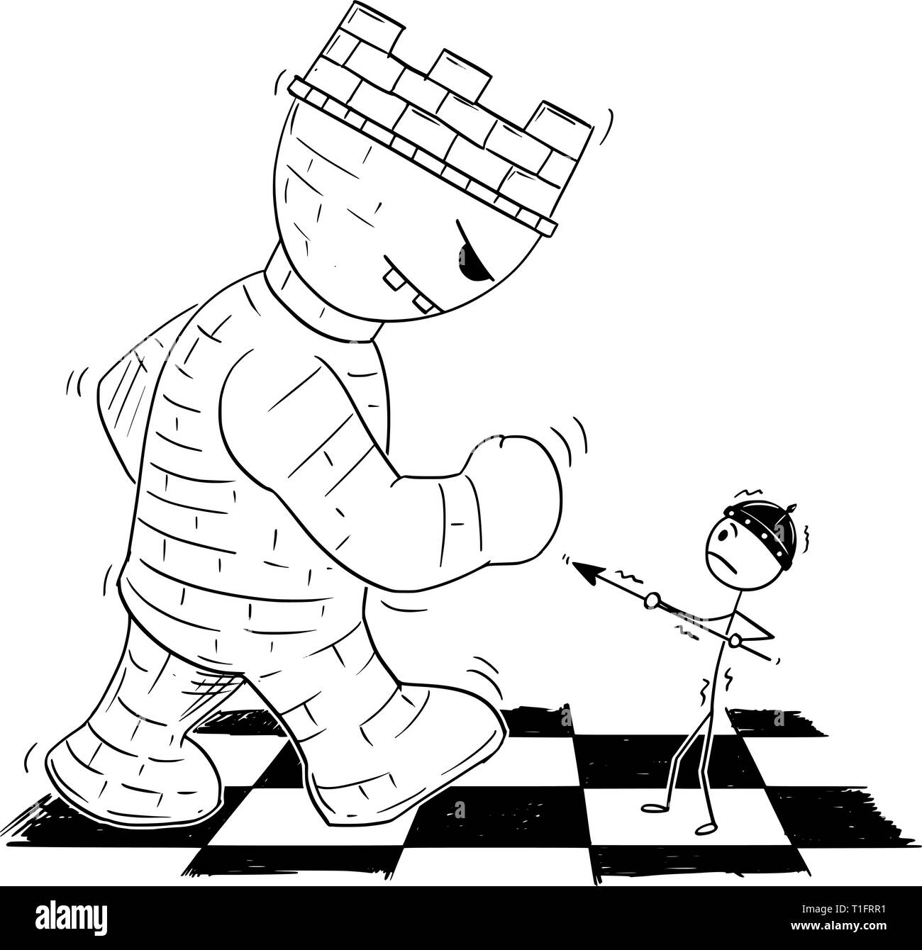 Cartoon stick figura disegno illustrazione concettuale di black gioco di scacchi pedina minacciate dalla radice gigante o torre sulla scacchiera. Illustrazione Vettoriale