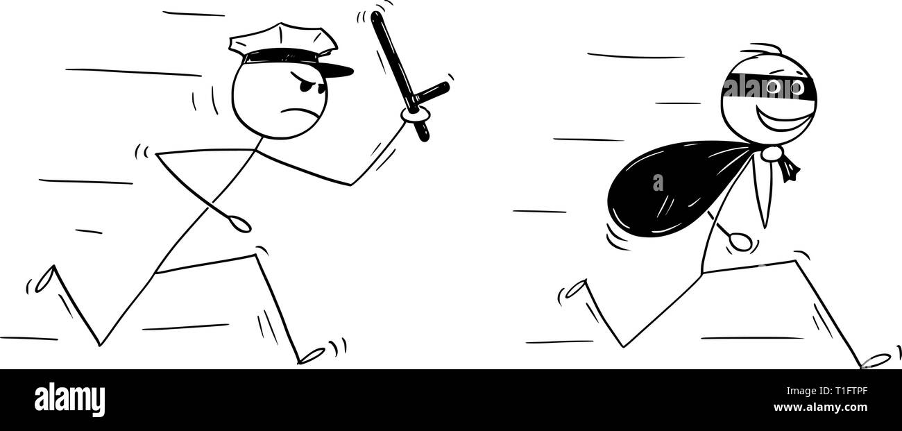 Cartoon stick figura disegno illustrazione concettuale del ladro sorridente in esecuzione con la sacca di bottino e i poliziotti a caccia di lui. Illustrazione Vettoriale