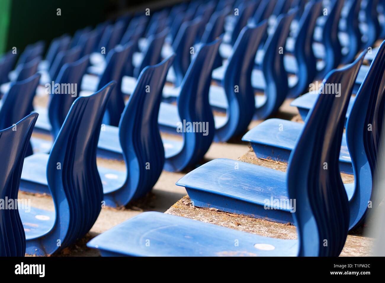 Sedi locali di sport all'aperto o luogo culturale in una giornata di sole. Righe di blu resistente plastica sedi senza alcun popolo shot leggermente dal retro Foto Stock