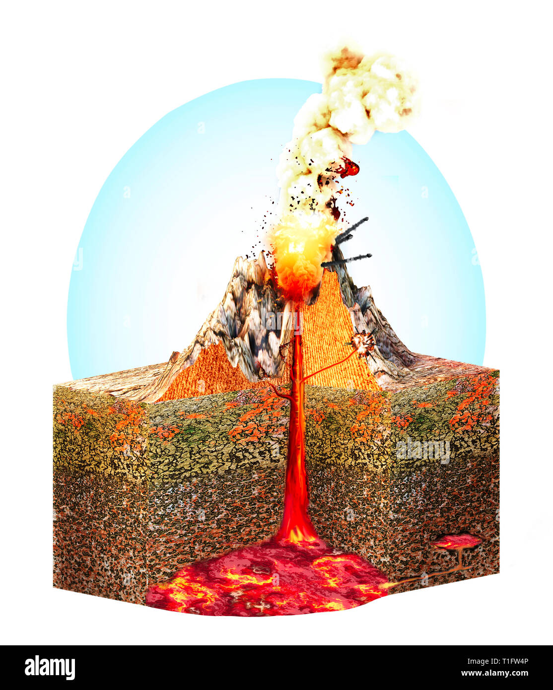 La sezione di un vulcano, schema strutturale e la sezione del terreno, rendering 3d. Eruzione di lava e Foto Stock