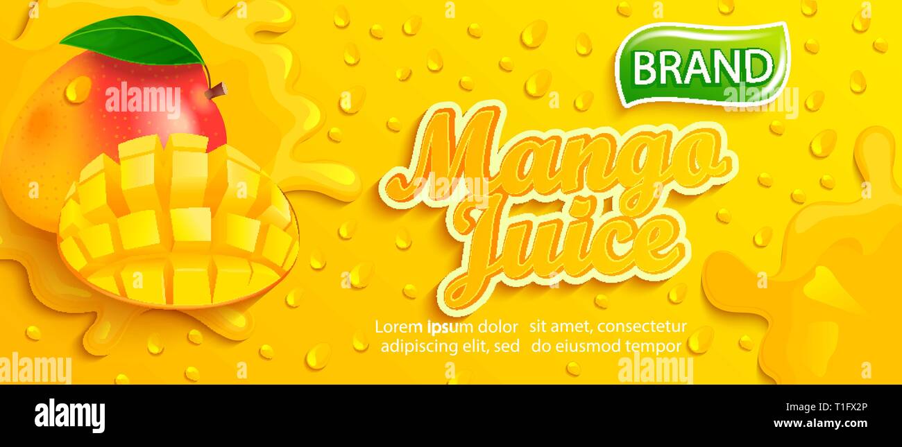 Freschi di succo di mango splash banner con apteitic scende Illustrazione Vettoriale