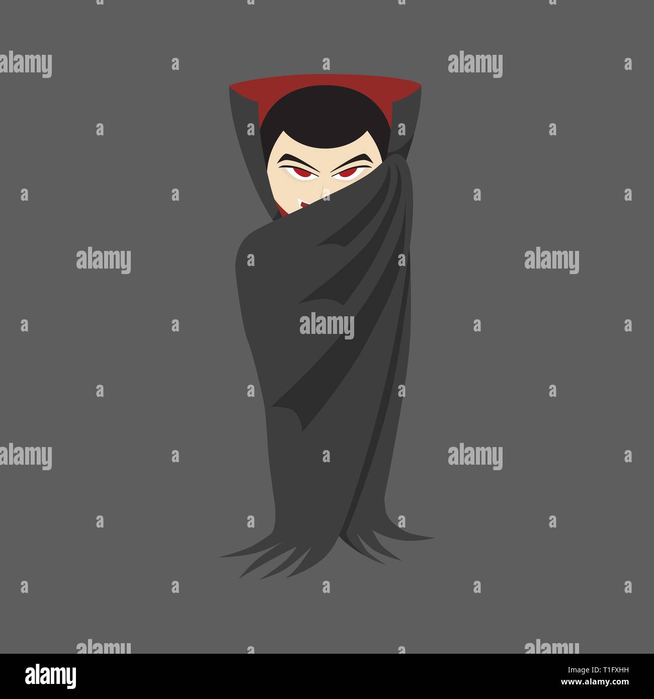 Un vampiro con apri gli occhi rossi e zanne bianco in piedi in black robes che copre una parte della sua faccia per una festa di halloween illustrazione del vampiro, piatto desig Illustrazione Vettoriale