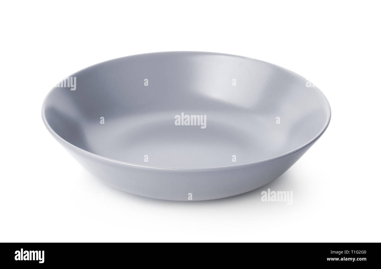 Vuoto profondo grigio piatto di ceramica isolata su bianco Foto Stock