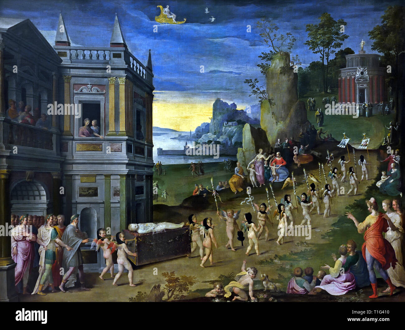 Les Funérailles de l'Amour - i funerali di amore - i funerali di Cupido, 1580 da Henri LERAMBERT 1568-1608 Francia - Francese. ( Il corteo funebre di amore, seguita da un gruppo di poeti, teste per il tempio di Diana, mentre Venere, accompagnato dal suo figlio, preleva il cielo in un carro trainato da colombe. ) Foto Stock