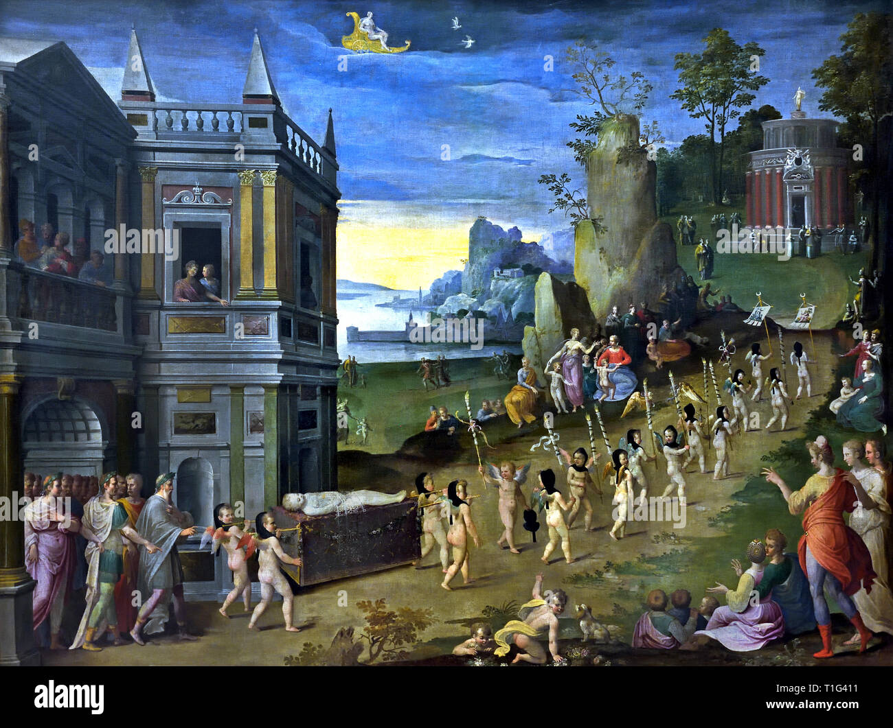 Les Funérailles de l'Amour - i funerali di amore - i funerali di Cupido, 1580 da Henri LERAMBERT 1568-1608 Francia - Francese. ( Il corteo funebre di amore, seguita da un gruppo di poeti, teste per il tempio di Diana, mentre Venere, accompagnato dal suo figlio, preleva il cielo in un carro trainato da colombe. ) Foto Stock