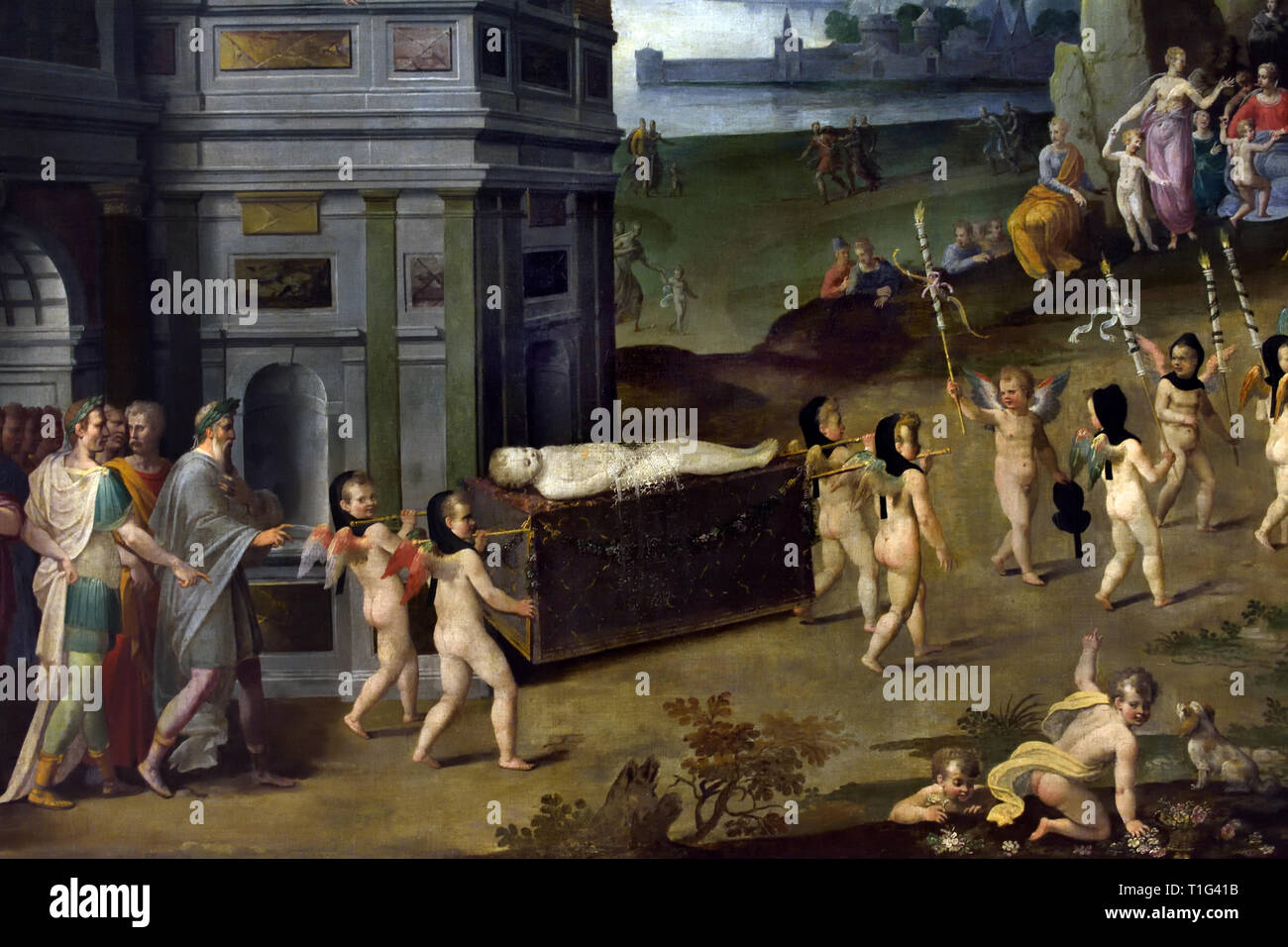 Les Funérailles de l'Amour - i funerali di amore - i funerali di Cupido, 1580 da Henri LERAMBERT 1568-1608 Francia - Francese. ( Il corteo funebre di amore, seguita da un gruppo di poeti, teste per il tempio di Diana, mentre Venere, accompagnato dal suo figlio, preleva il cielo in un carro trainato da colombe. ) Foto Stock