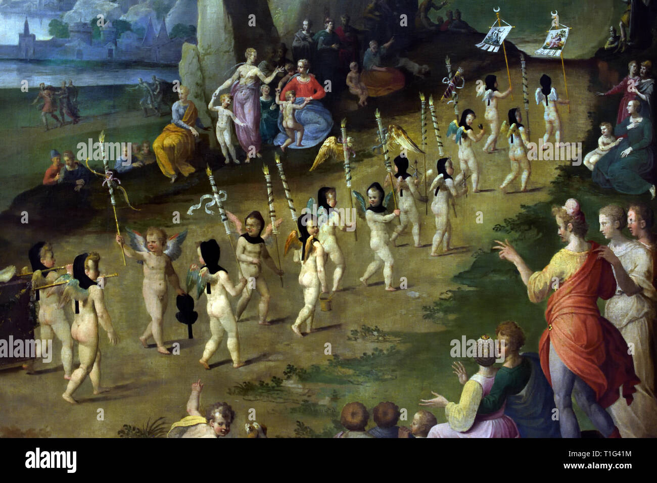 Les Funérailles de l'Amour - i funerali di amore - i funerali di Cupido, 1580 da Henri LERAMBERT 1568-1608 Francia - Francese. ( Il corteo funebre di amore, seguita da un gruppo di poeti, teste per il tempio di Diana, mentre Venere, accompagnato dal suo figlio, preleva il cielo in un carro trainato da colombe. ) Foto Stock