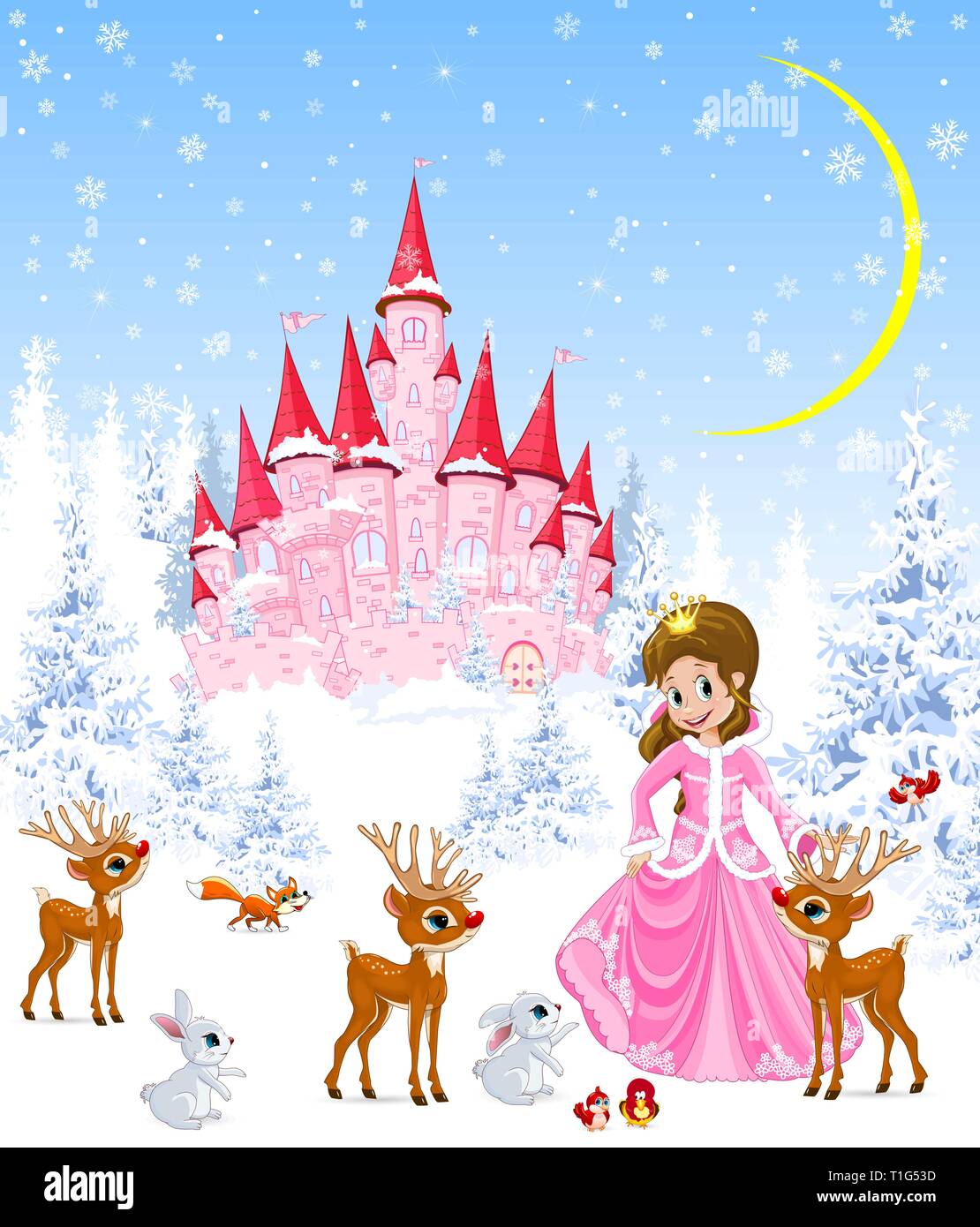 La principessa sullo sfondo di un castello rosa. Foresta d'inverno. Poco cervi, conigli e uccelli. Notte d'inverno. I fiocchi di neve e neve. Illustrazione Vettoriale