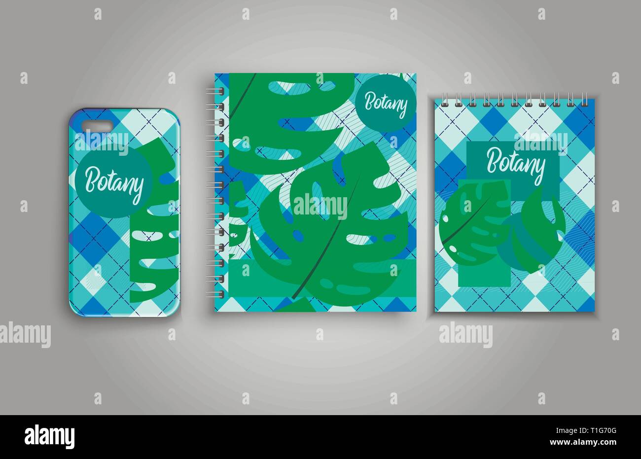 Per stampare una copertina su uno ione e una bella idea di una stampa per notebook su una molla. Tropico di stile e modello di cellulare. Illustrazione Vettoriale