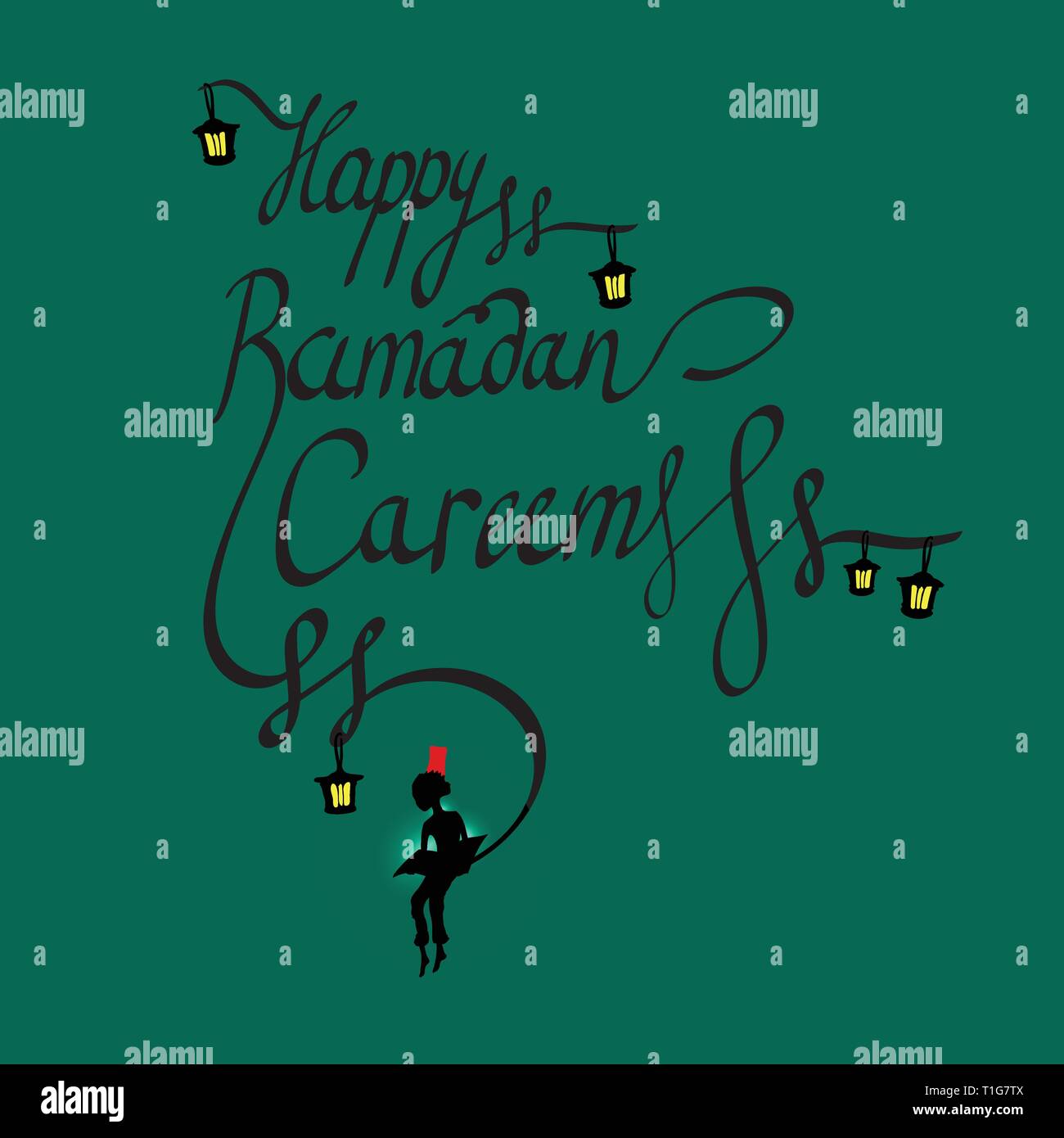 Doodle calligraphy testo Happy Ramadan Kareem e un ragazzo la lettura del libro sacro, arabo islamico mese santo della comunità musulmana, celebrazione.vettore Illustrazione Vettoriale