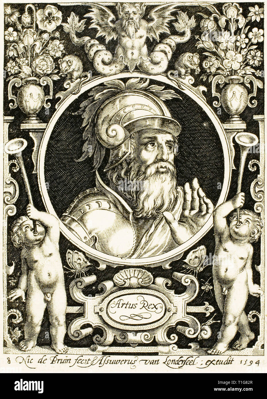 King Arthur, ritratto incisione, piastra da otto dei nove dignitari, 1594 da Nicolaes De Bruyn Foto Stock