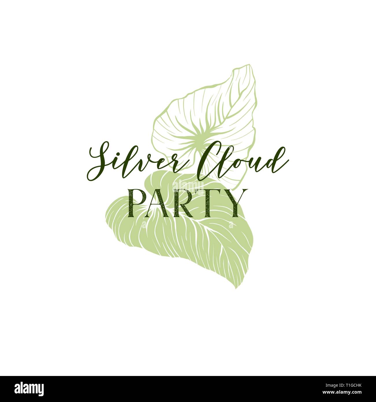 Silver Cloud parte disegnato a mano il logo del vettore formato. Outline e silhouette di foglie di palma. Leafage verde con scritte. Una vegetazione esotica. illustrazione. Cartolina botanico, invito design lineare Illustrazione Vettoriale