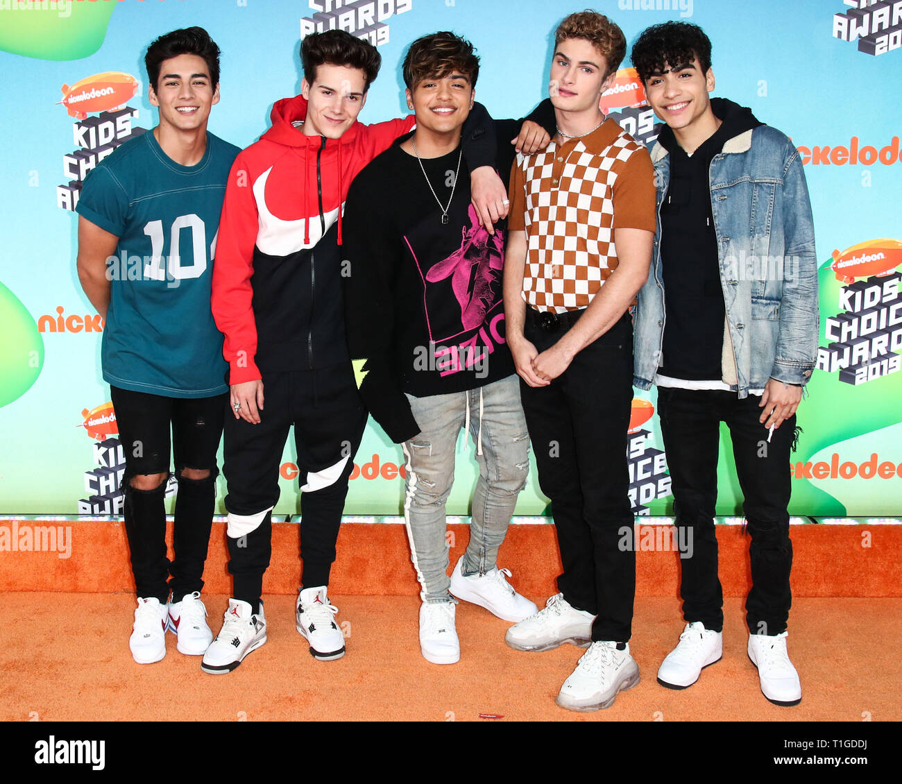 LOS ANGELES, CA, Stati Uniti d'America - 23 Marzo: possibilità Perez, Michael Conor, Sergio Calderon, Brady Tutton e Drew Ramos di nella vita reale di arrivare a Nickelodeon's 2019 Kids' Choice Awards tenutosi presso l'USC Galen Center su Marzo 23, 2019 a Los Angeles, California, Stati Uniti. (Foto di Xavier COLLIN/Image Press Agency) Foto Stock