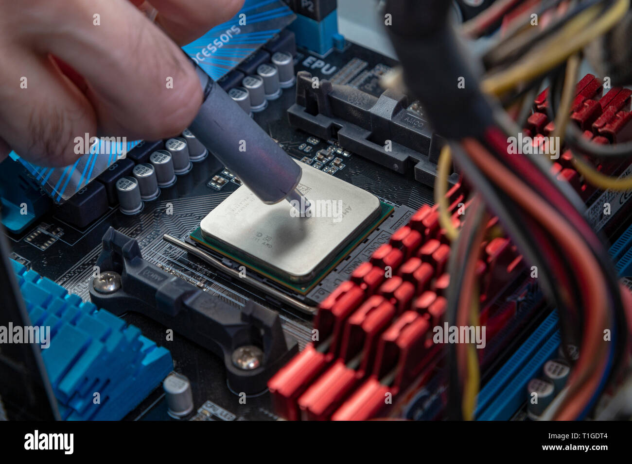 Ingegnere di applicare la pasta termica sul computer su chip della scheda cpu Foto Stock