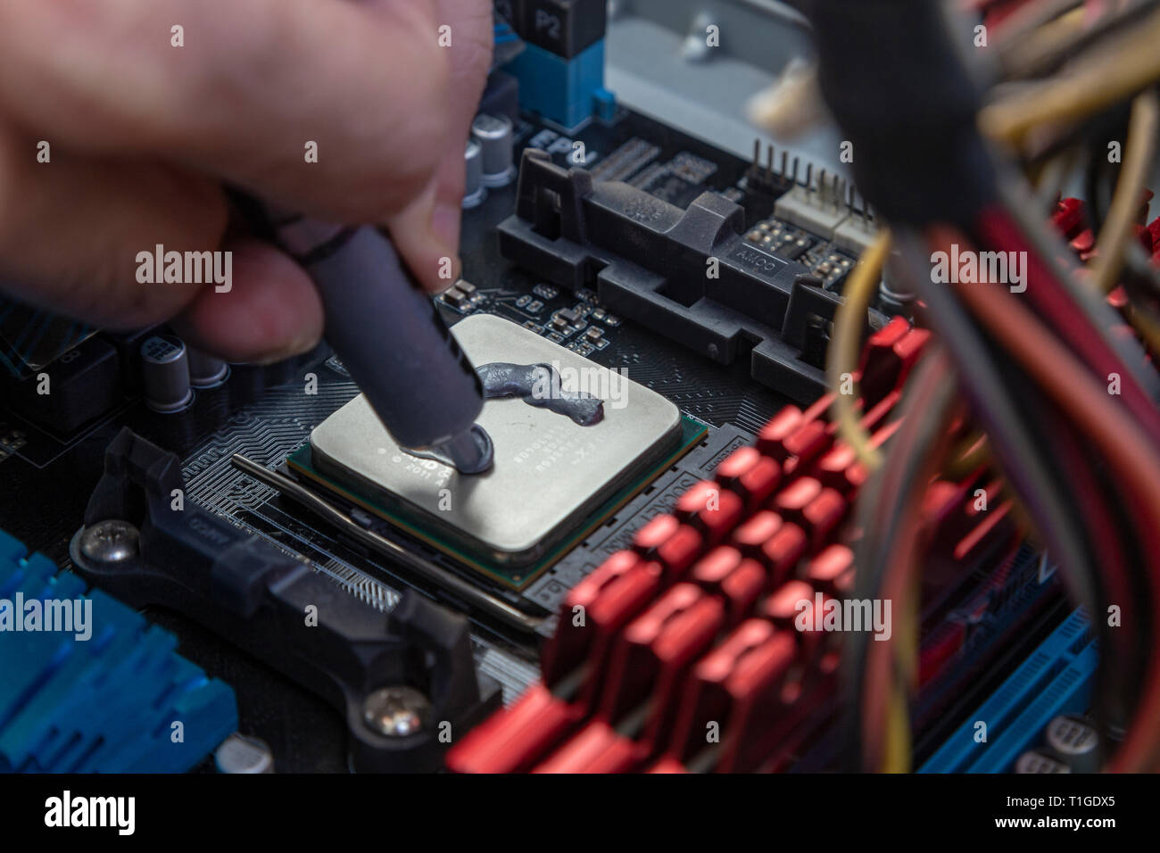Ingegnere di applicare la pasta termica sul computer su chip della scheda cpu Foto Stock