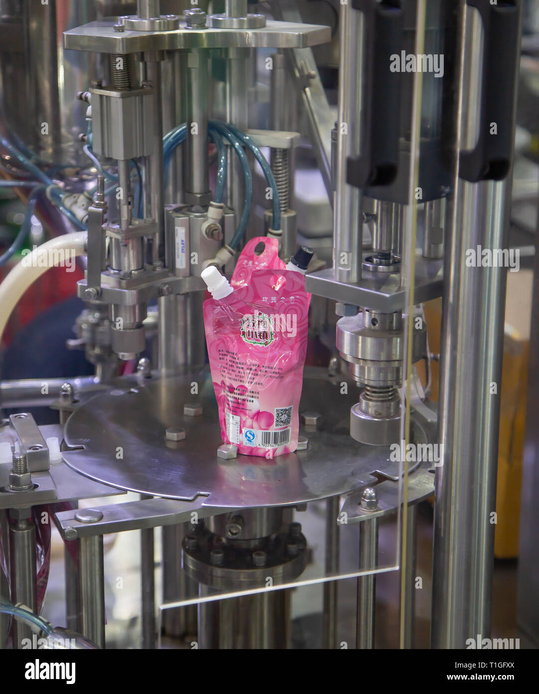 Bangkok, Tailandia - 13 Febbraio 2019: automatico tubo di lancio pouch macchina impacchettatrice mostrano nel pacco alimentare Asia 2019 Foto Stock