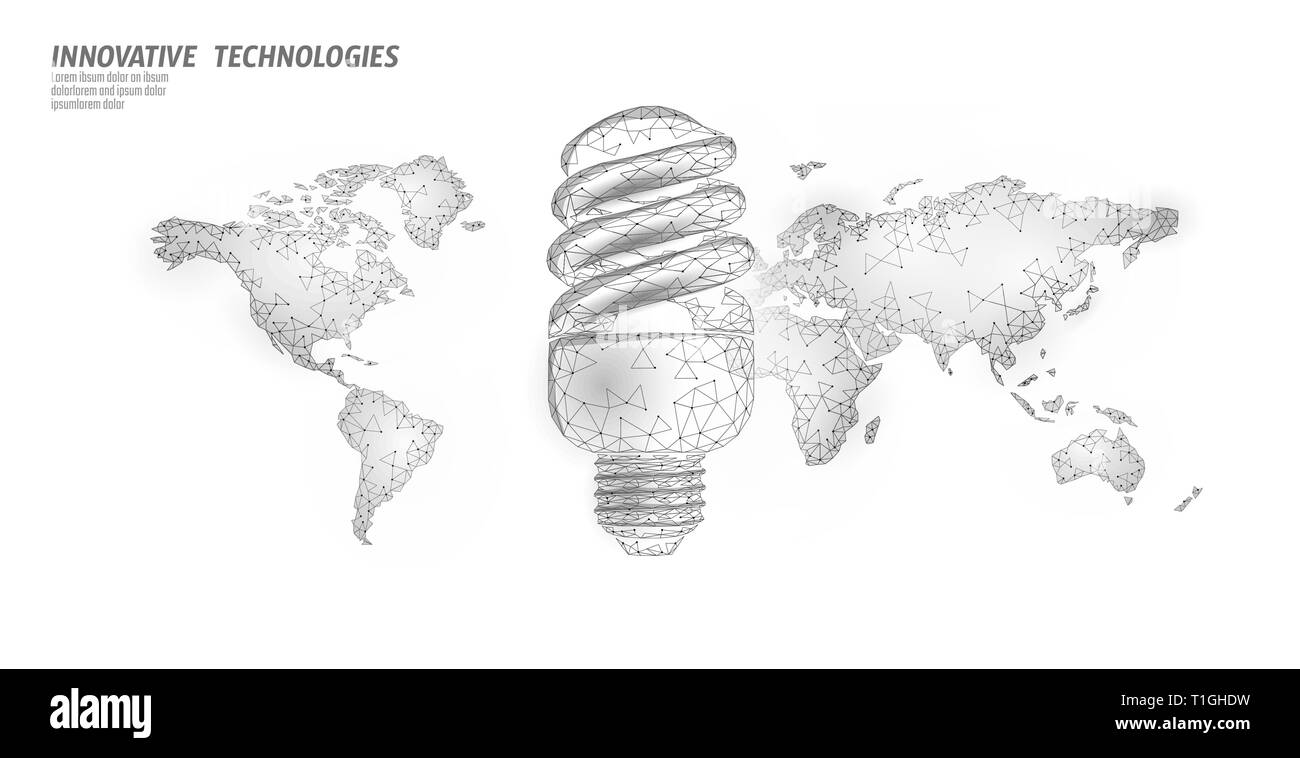 Lampada fluorescente compatta da concetto di risparmio energetico. Bassa poligonale poli mondo pianeta mappa del globo. Salvare Eco ecologia ambiente energia verde il concetto di potenza Illustrazione Vettoriale