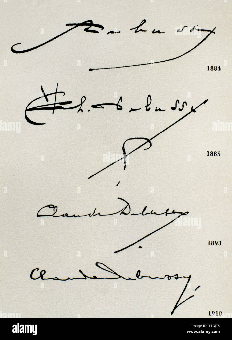 Claude Debussy (1862-1918). Il compositore francese. Debussy firme in diversi periodi della sua vita (1884, 1885, 1893 e 1910). Foto Stock