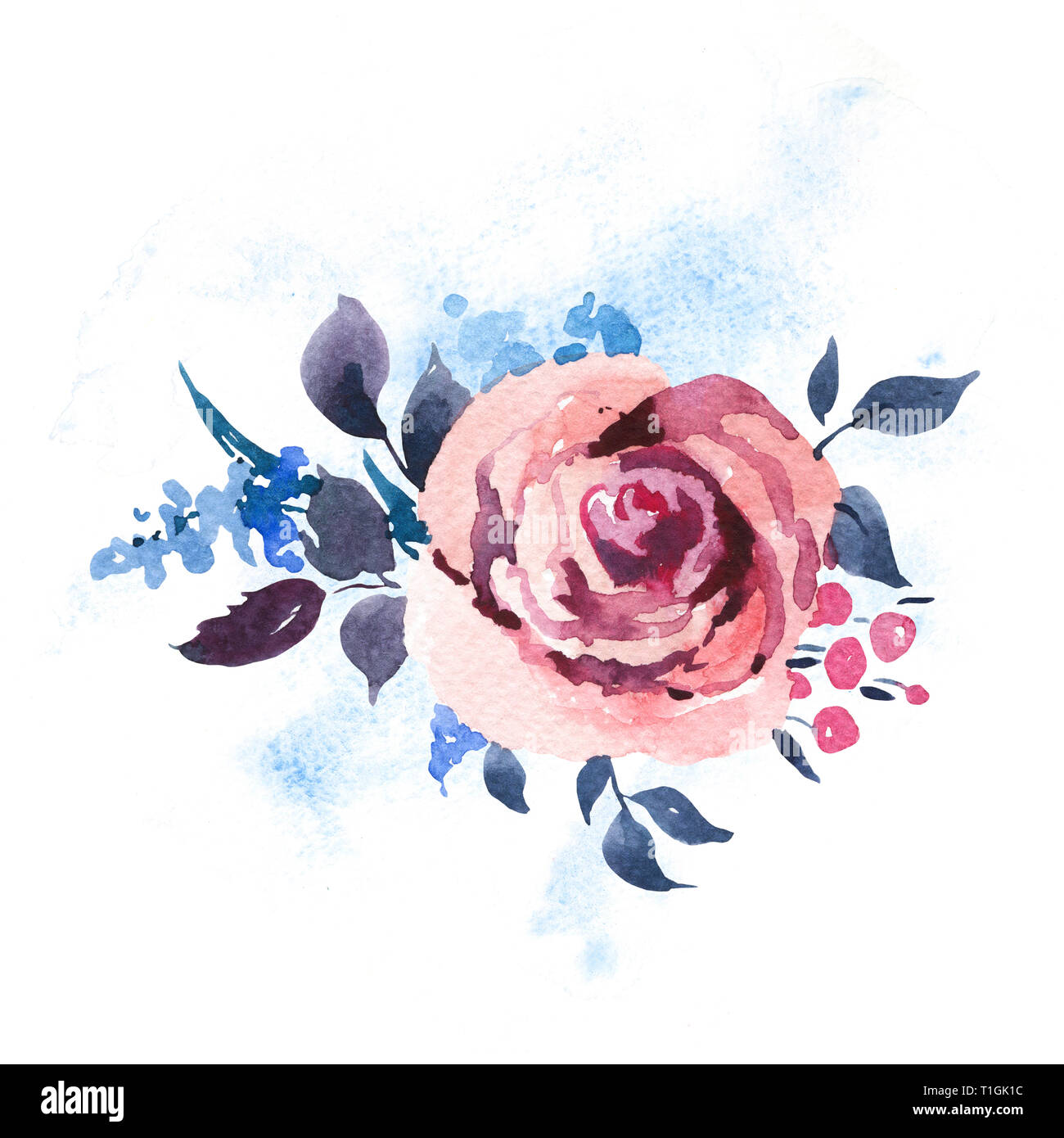 Vintage Rose ad acquarello, fiori selvatici e bacche. Illustrazione ad acquerello isolati su sfondo bianco. Bohemian Collezione Design Foto Stock