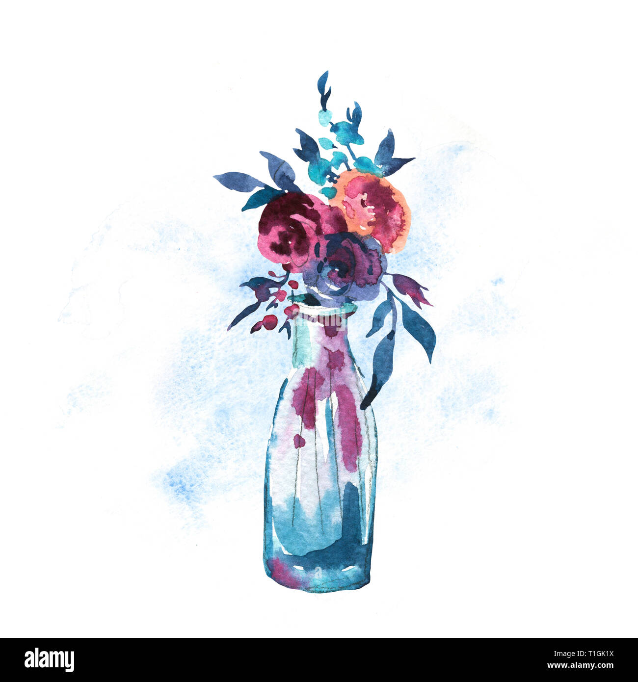 Acquarello dipinto a mano bottiglia con rose rosse isolato su sfondo bianco. Boho chic stile illustrazioni, naturale della scheda Messaggi di saluto. Foto Stock