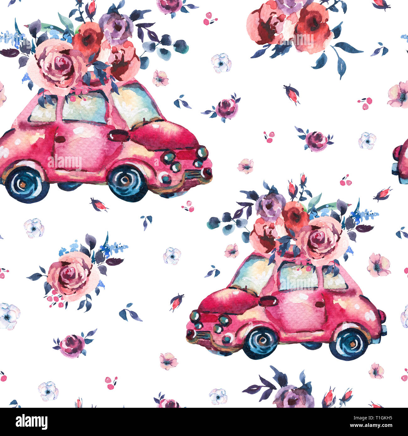 Acquerello fantasy seamless pattern con graziosi rosso auto retrò, fiori selvatici e le rose, vintage illustrazione su sfondo bianco Foto Stock