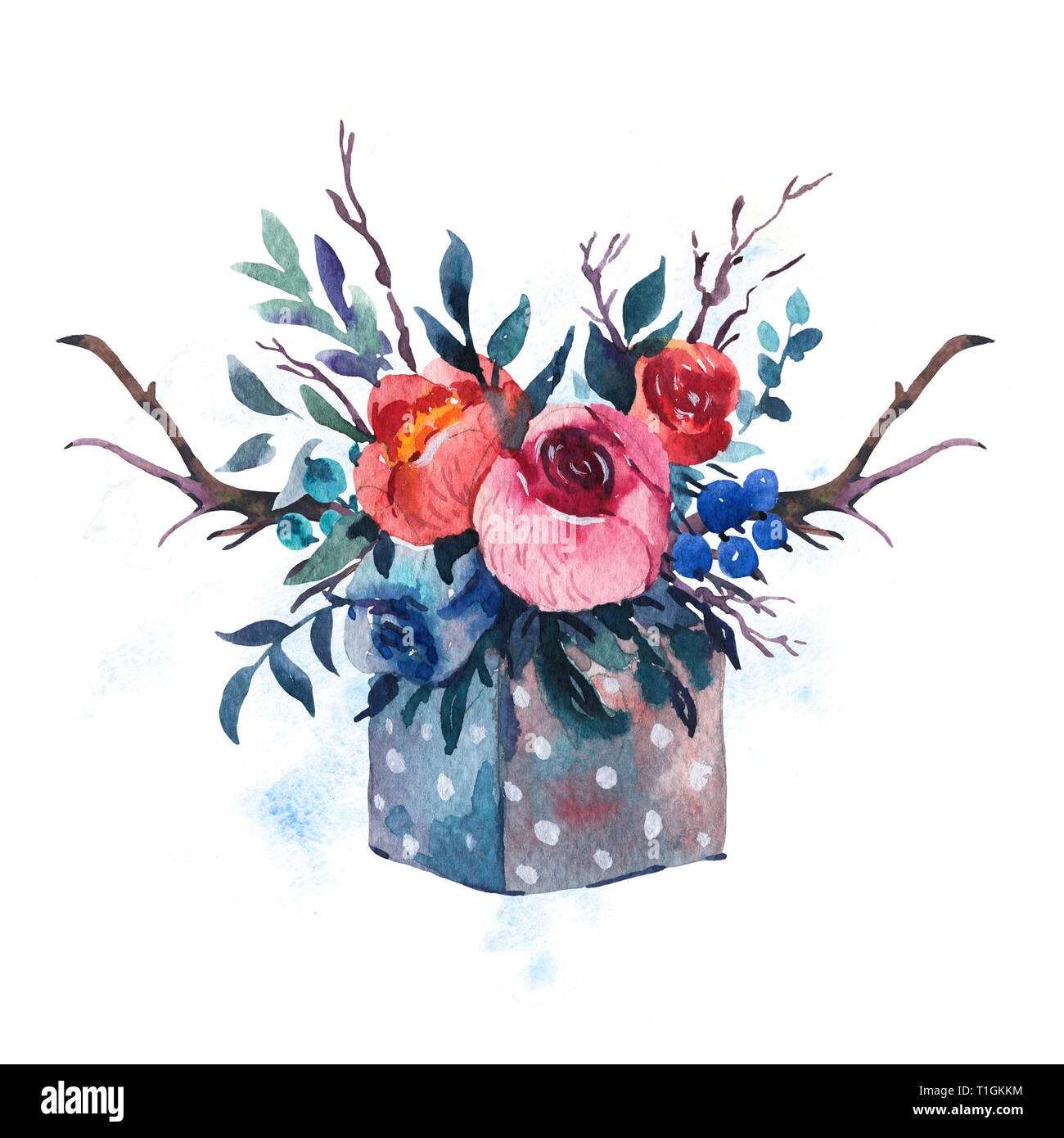 Acquarello dipinto a mano scatola in legno con fiori, rose rosse, bacche di fiori di campo, corna isolati su sfondo bianco. Boho chic stile illustrazioni, n Foto Stock