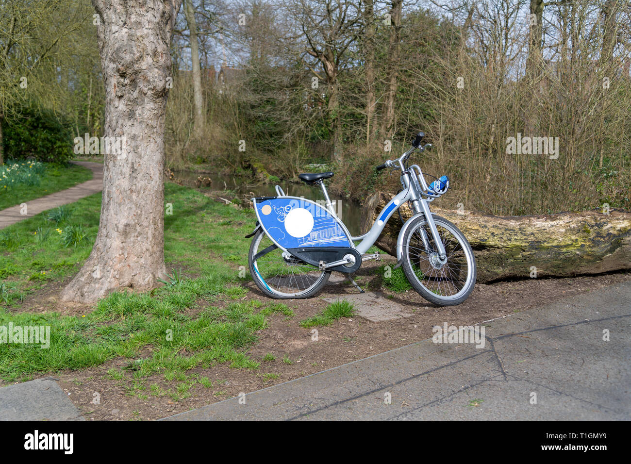 Noleggiare una bicicletta con un pneumatico sgonfio viene lasciato in Bute Park ,Cardiff. Foto Stock