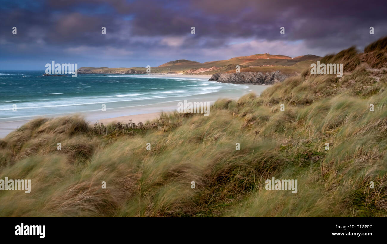 Marram Grass dune e Balnakeil Beach, vicino a Durness, Sutherland, North West Highlands scozzesi, Scotland, Regno Unito Foto Stock