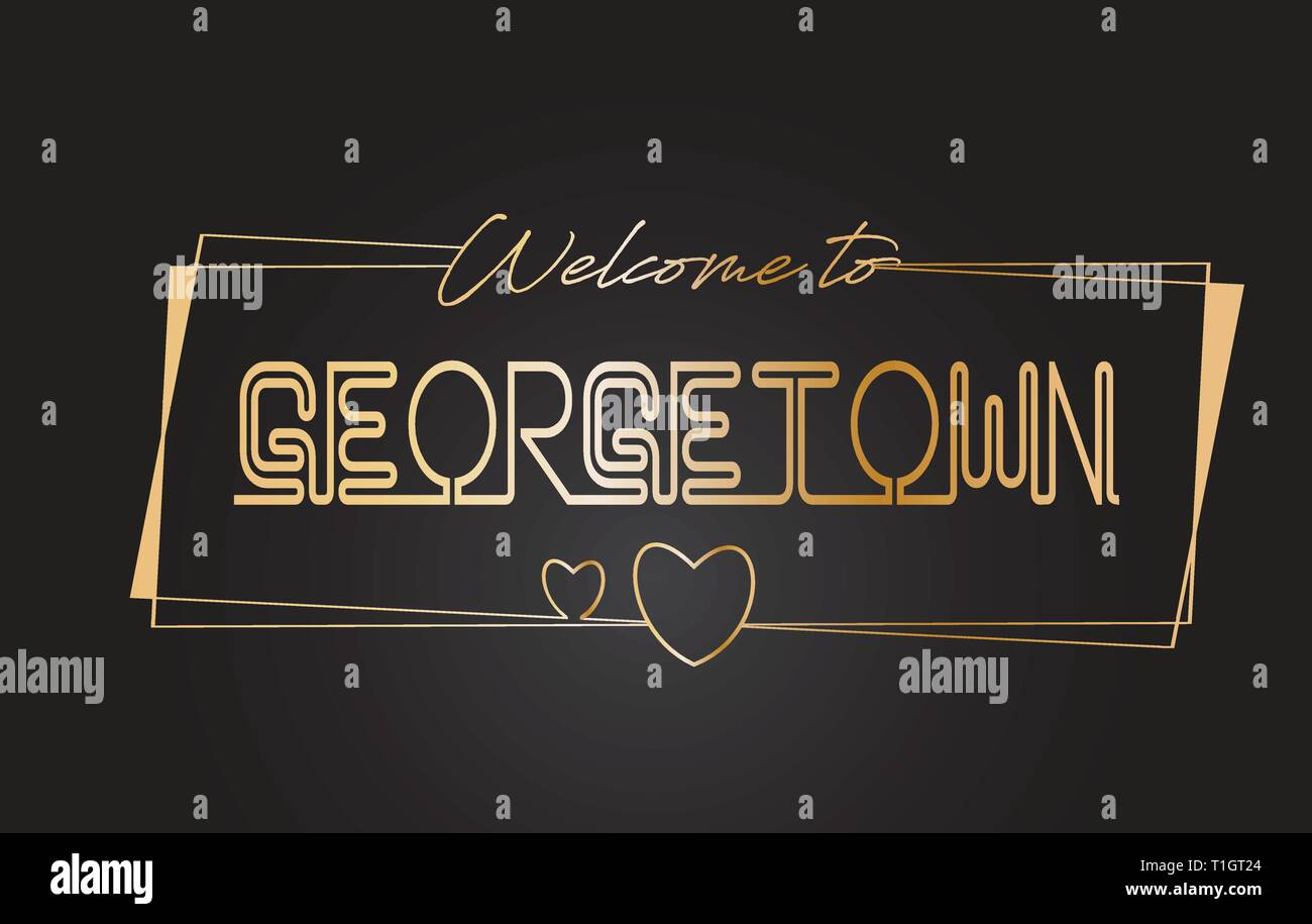 Georgetown Benvenuti al Golden testo scritte al neon tipografia cablati con cornici dorate e cuori Design illustrazione vettoriale. Illustrazione Vettoriale