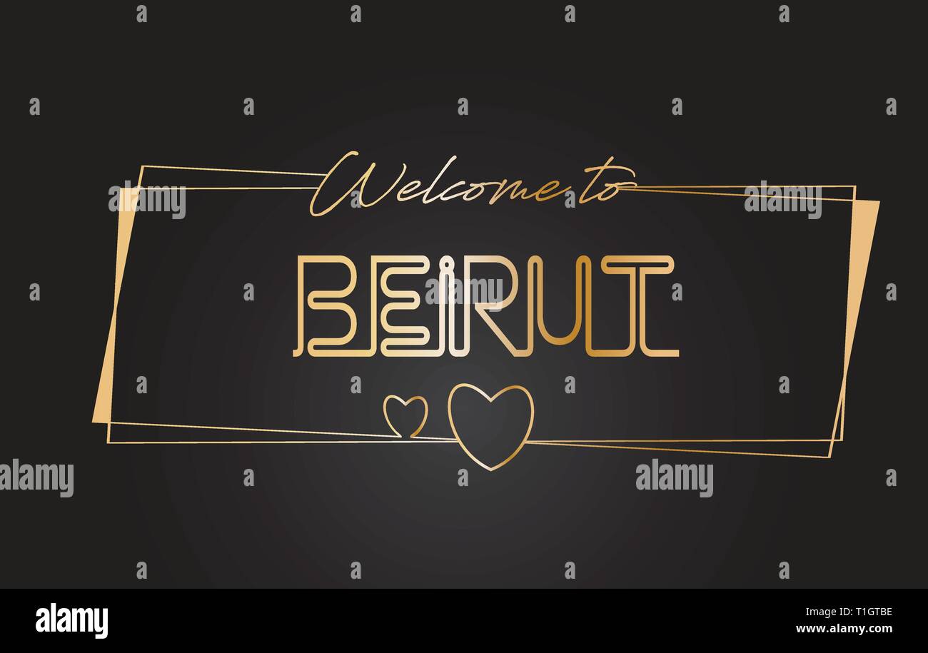 Beirut Benvenuti al Golden testo scritte al neon tipografia cablati con cornici dorate e cuori Design illustrazione vettoriale. Illustrazione Vettoriale