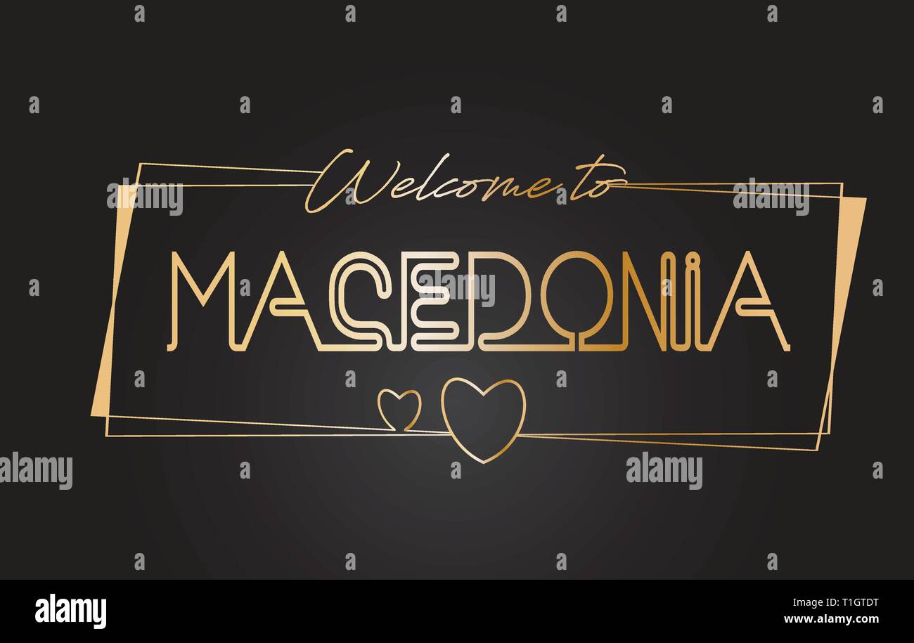 Macedonia Benvenuti al Golden testo scritte al neon tipografia cablati con cornici dorate e cuori Design illustrazione vettoriale. Illustrazione Vettoriale