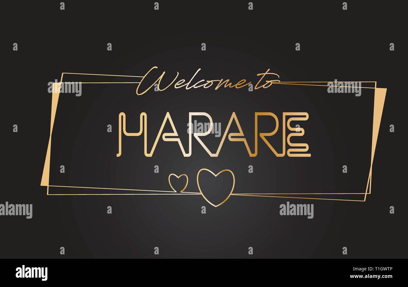 Harare Benvenuti al Golden testo scritte al neon tipografia cablati con cornici dorate e cuori Design illustrazione vettoriale. Illustrazione Vettoriale