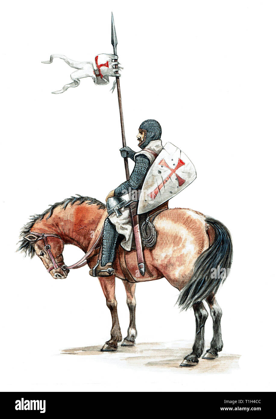 Medievale cavaliere montato. Cavaliere Templare a cavallo.Knight illustrazione. Foto Stock