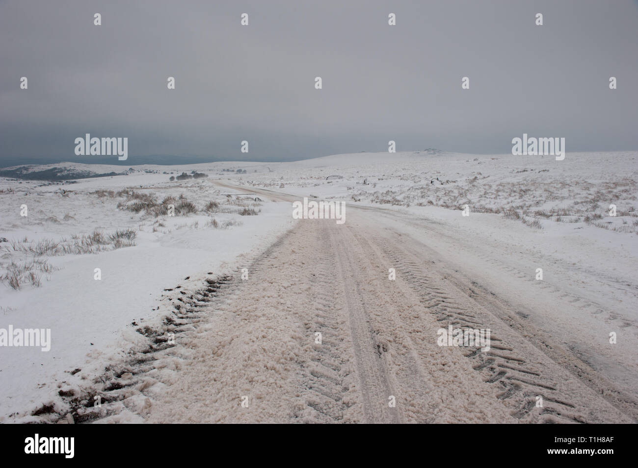 Coperte di neve sulla strada Dartmoor con spazio di copia Foto Stock