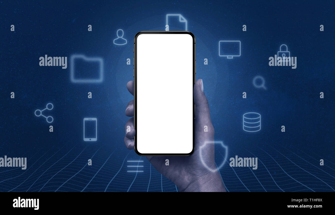 Il telefono in mano con un display isolato per mockup per la promozione di applicazioni di progettazione, circondato con internet di cose icone. Rete in background Foto Stock