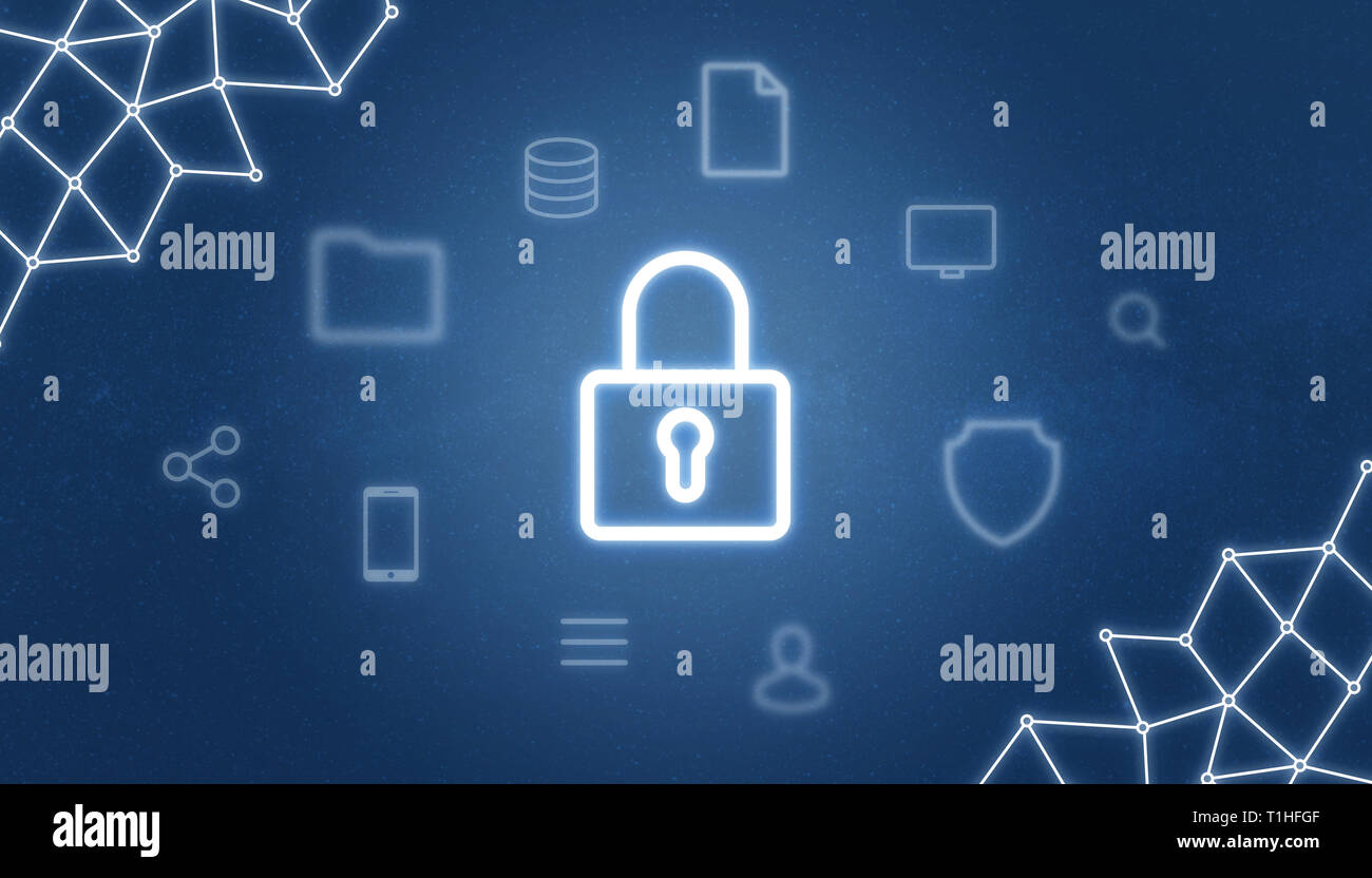 Lucchetto circondato con internet delle cose e servizi online di icone. Concetto di rete, dati privacy sicurezza. Foto Stock
