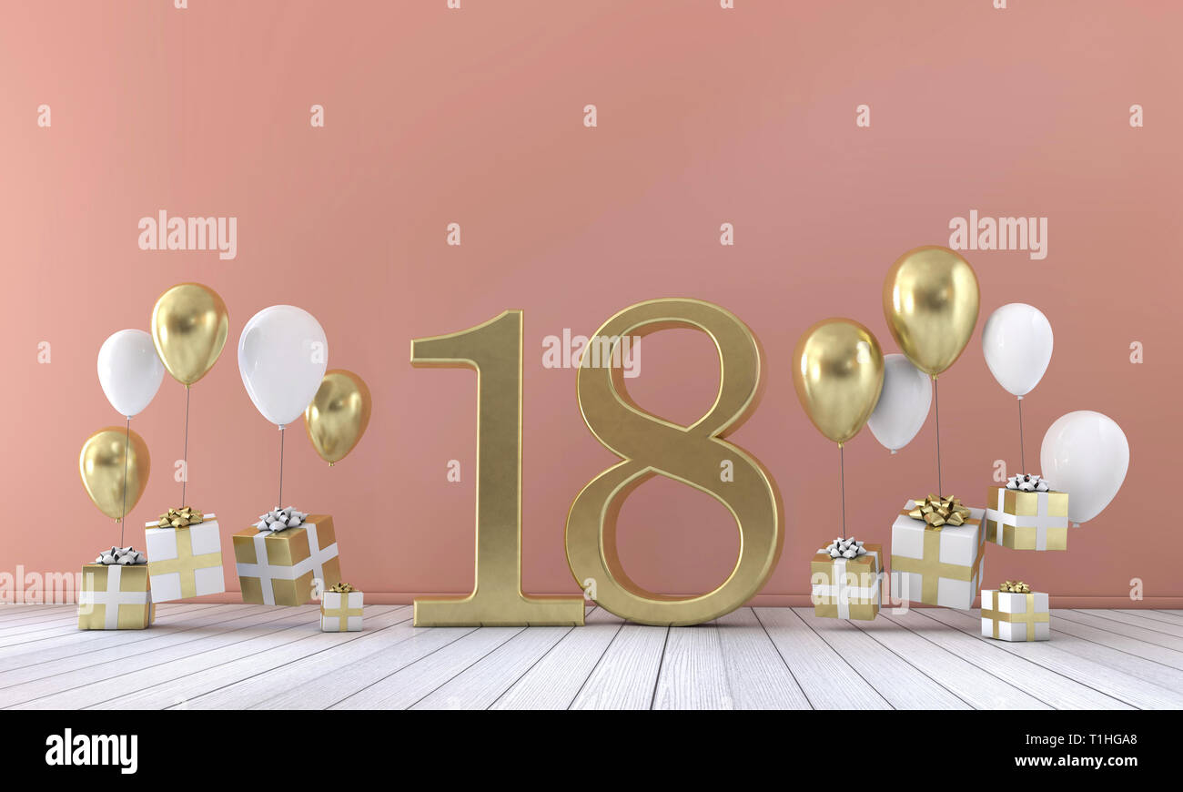 Numero 18 festa di compleanno composizione con palloncini e confezioni  regalo. Il rendering 3D Foto stock - Alamy