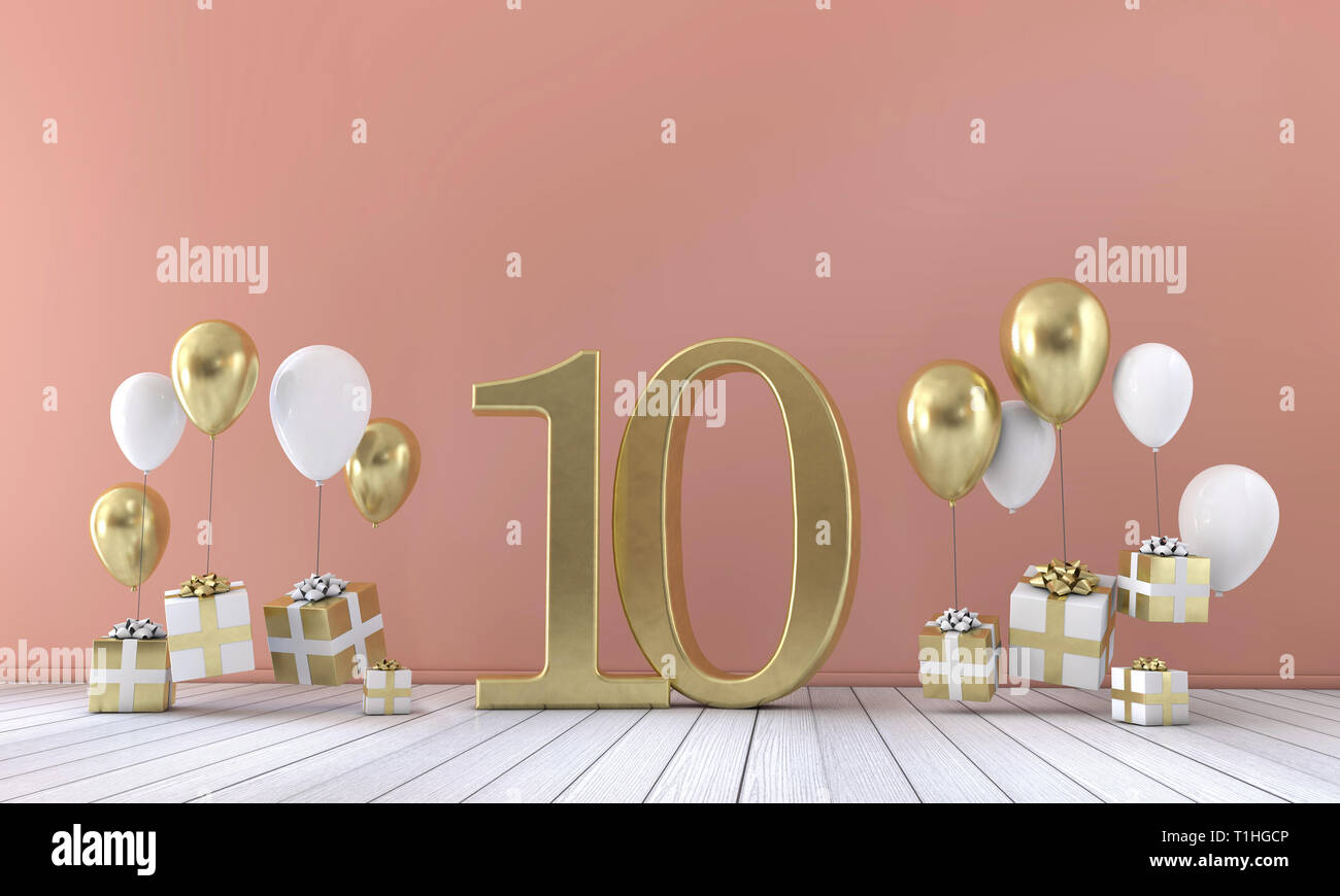 Numero 10 festa di compleanno composizione con palloncini e confezioni  regalo. Il rendering 3D Foto stock - Alamy