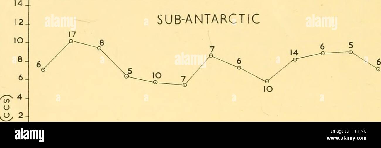 Scoperta dei report (1957) Rapporti ricerche discoveryreports28inst Anno: 1957 212 report di rilevamento livello. Il secondo periodo di aumento è apparentemente il più grande, sebbene nella sub-antartiche questo può essere dovuto a un singolo volume molto grande di 10-5 cc. per il 50-0 m. campione a San 2219. Tabella 4. La variazione mensile medio volume totale di plancton {cioè la somma di tutti i misura- zioni da 1000 a o m.). Numero di osservazioni sono indicati tra parentesi la zona Gennaio Febbraio Marzo Aprile Maggio Giugno sub-antartiche della 7-03 Antartico (6) 6-86 (30) 10-15 (J7) 9-18(14) 9-44 (8) 10-33(3!) 636 (5) 12-37(2 Foto Stock