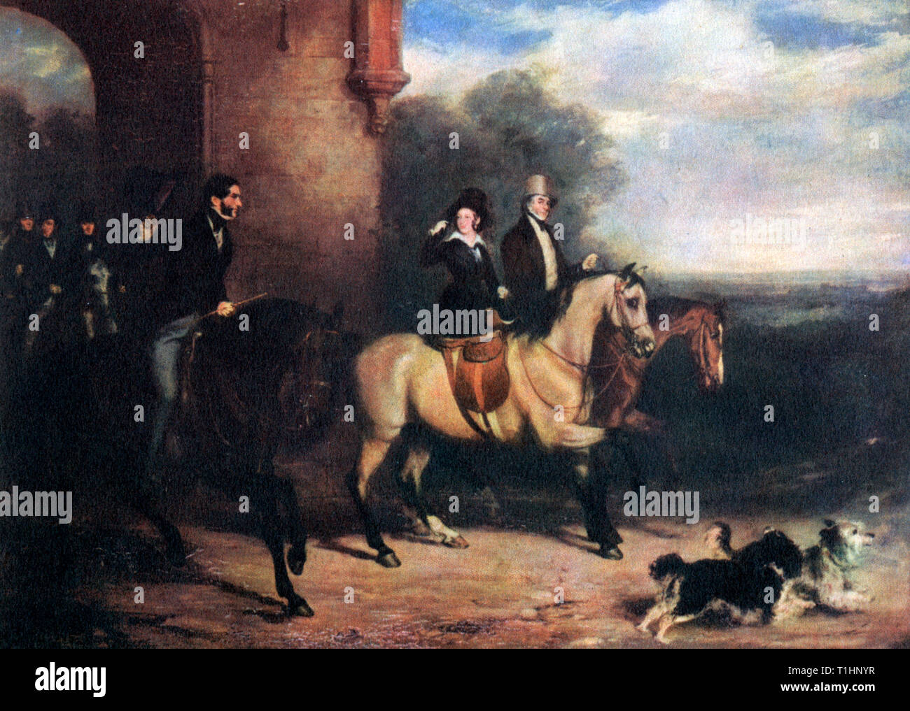 "Queen Victoria Riding in Windsor Great Park with Lord Melbourne", c1838. Dopo Sir Francis Grant (1803-1878). Regina Vittoria con William Lamb, 2nd Visconte Melbourne. Melbourne era uno statista britannico Whig, Segretario di Stato e primo Ministro. La Regina Vittoria considerava Melbourne un mentore. Foto Stock